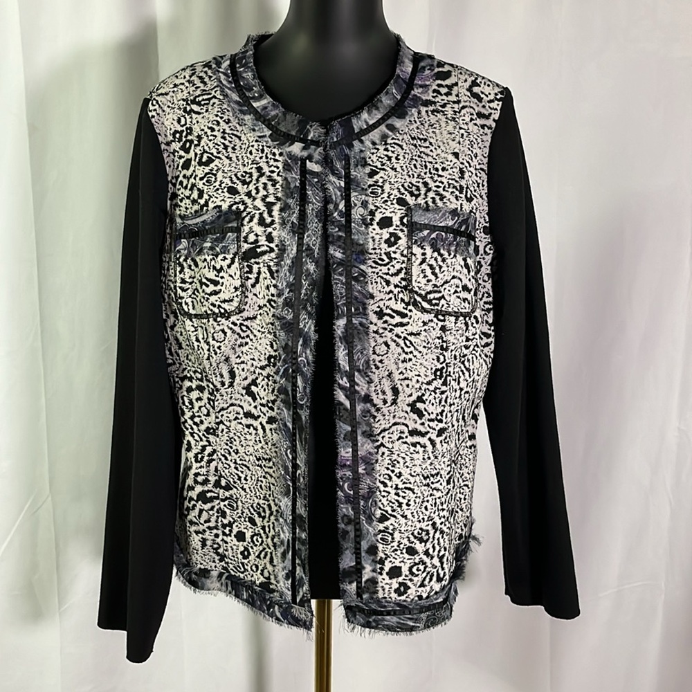 Chico’s Black & Purple Paisley & Animal Print Mixed Media Open Front Jacket
